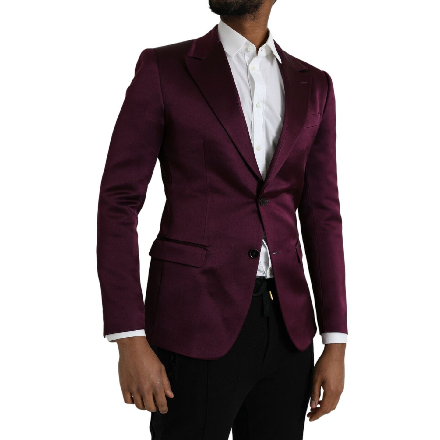 Dolce & Gabbana Maroon Silk Single Breasted Coat Blazer featuring slim fit, 100% silk, two-button closure, made in Italy, front view.