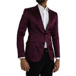 Dolce & Gabbana Maroon Silk Single Breasted Coat Blazer featuring slim fit, 100% silk, two-button closure, made in Italy, front view.