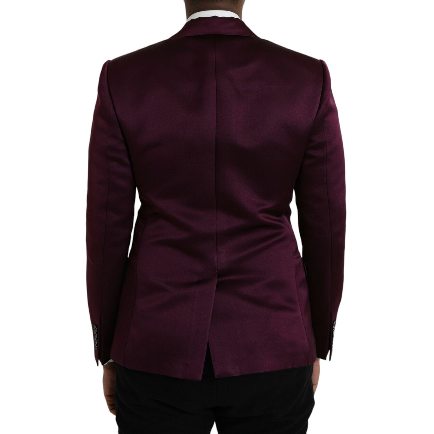Back view of Dolce & Gabbana Maroon Silk Single Breasted Coat Blazer showcasing elegant design and high craftsmanship.