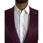 Dolce & Gabbana Maroon Silk Single Breasted Coat Blazer, close-up view of buttoned front with white shirt, high-quality craftsmanship