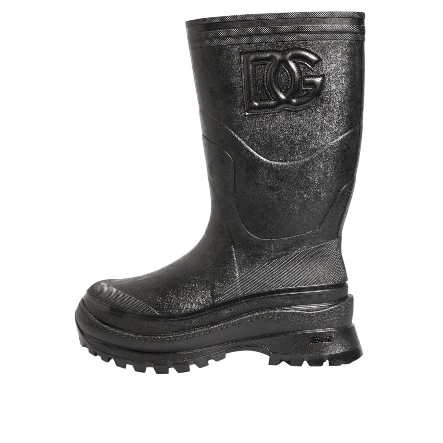 Dolce & Gabbana Metallic Black Pull On Rain Boots Men Shoes in sleek waterproof design with iconic branding, side view.