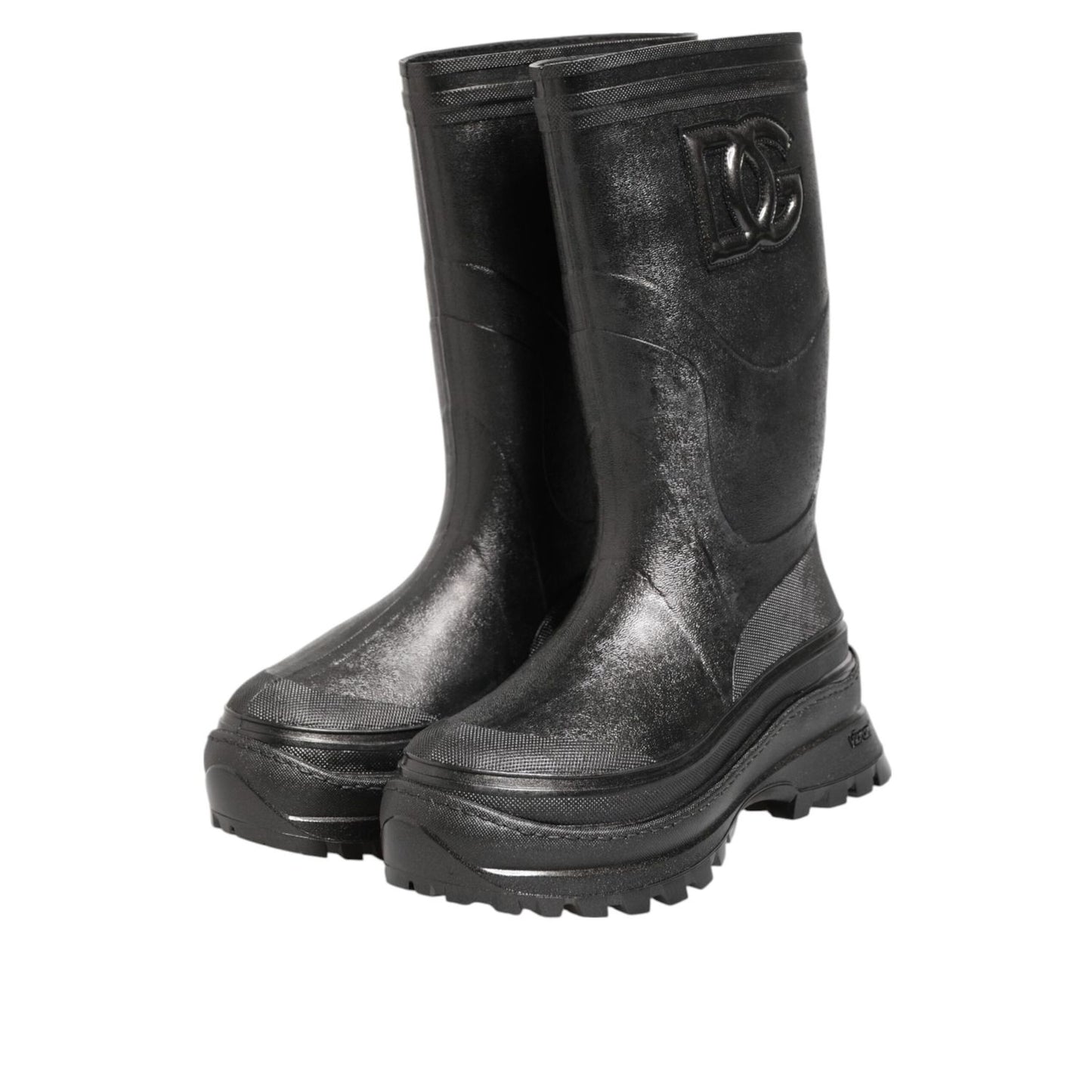 Dolce & Gabbana Metallic Black Pull On Rain Boots Men Shoes, waterproof stylish footwear with designer logo, side view.