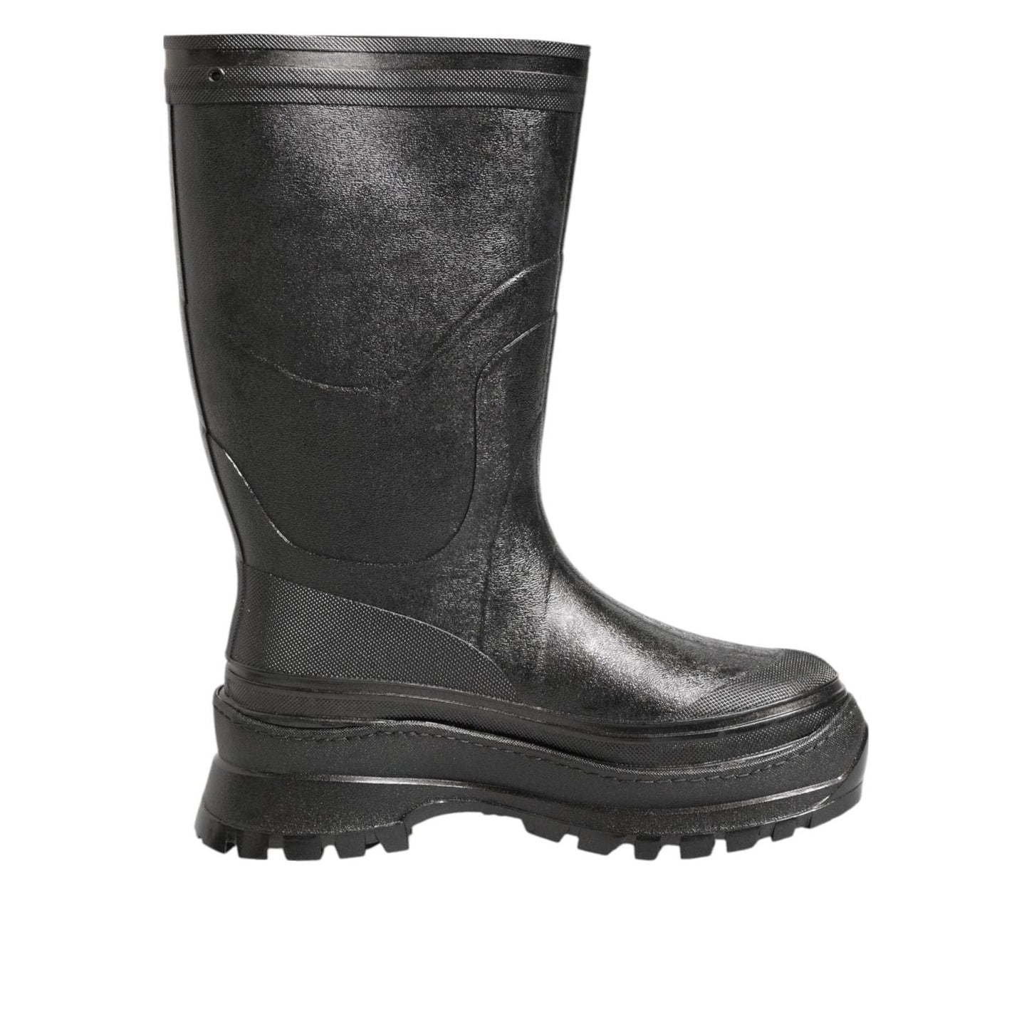Dolce & Gabbana Metallic Black Pull On Rain Boots Men Shoes, sleek waterproof design, premium material, fashion-forward footwear.