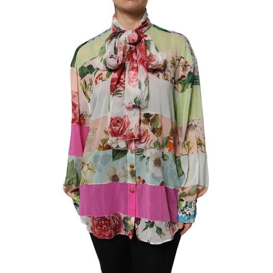 Dolce & Gabbana Multicolor Floral Patchwork Ascot Collar Top with vibrant floral prints and elegant design