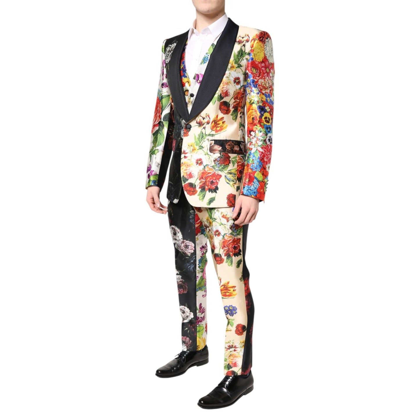 Dolce & Gabbana Multicolor Floral SICILIA Silk 3 Piece Suit on model, featuring single button closure in vibrant floral pattern.
