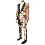 Dolce & Gabbana Multicolor Floral SICILIA Silk 3 Piece Suit on model, featuring single button closure in vibrant floral pattern.