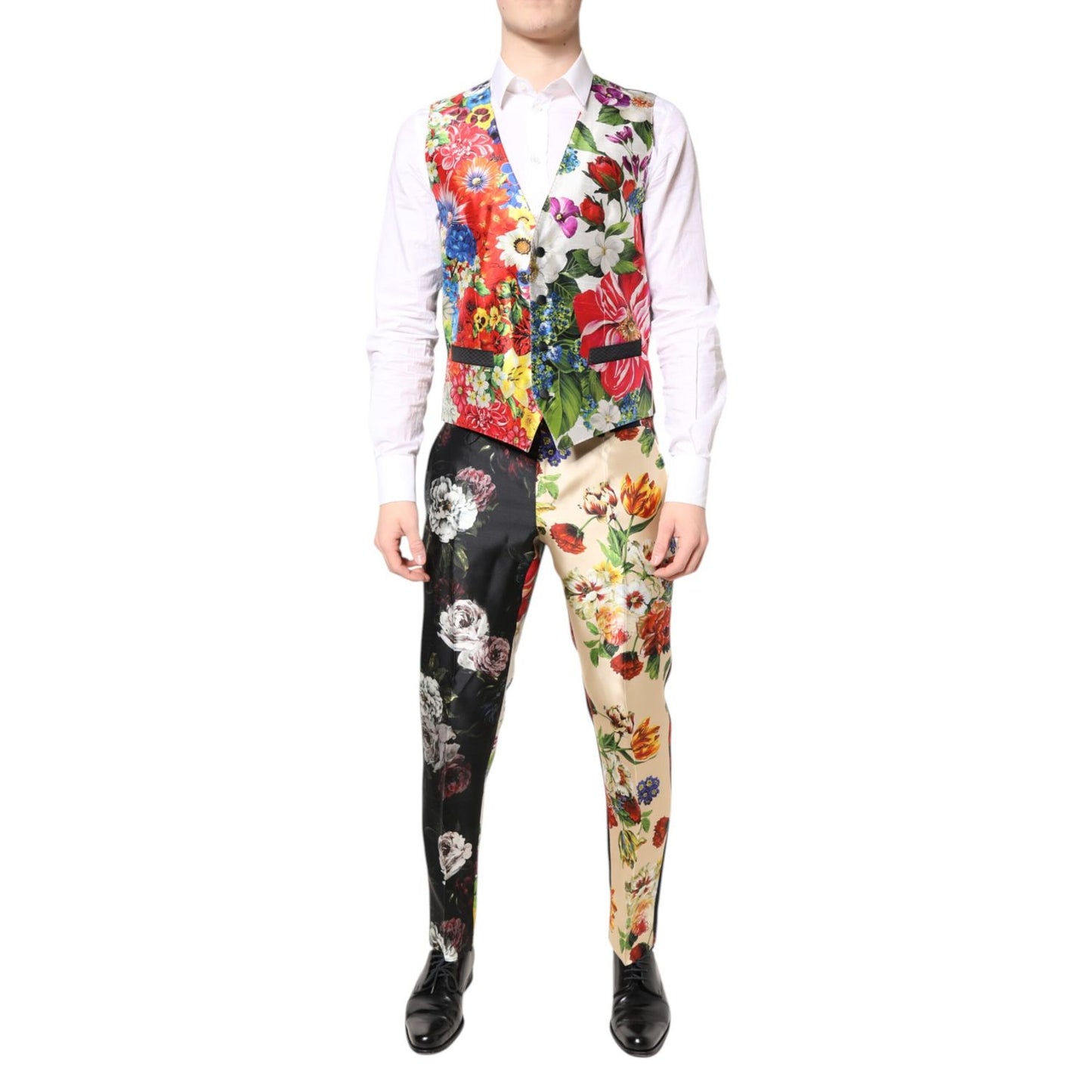 Model wearing Dolce & Gabbana Multicolor Floral SICILIA Silk 3 Piece Suit showcasing vibrant floral design and slim fit style.
