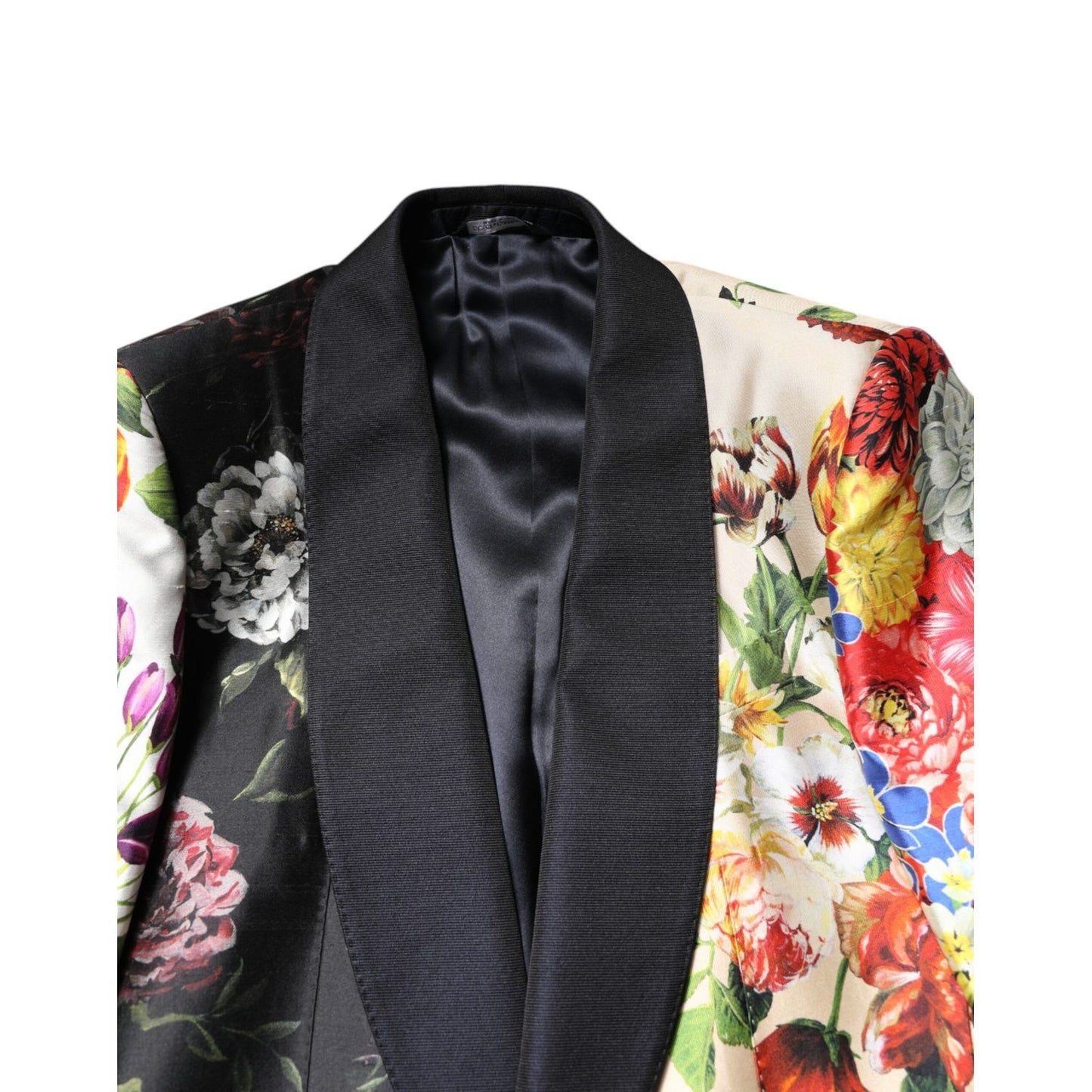 Dolce & Gabbana Multicolor Floral SICILIA Silk 3 Piece Suit blazer with floral pattern and black lapel.