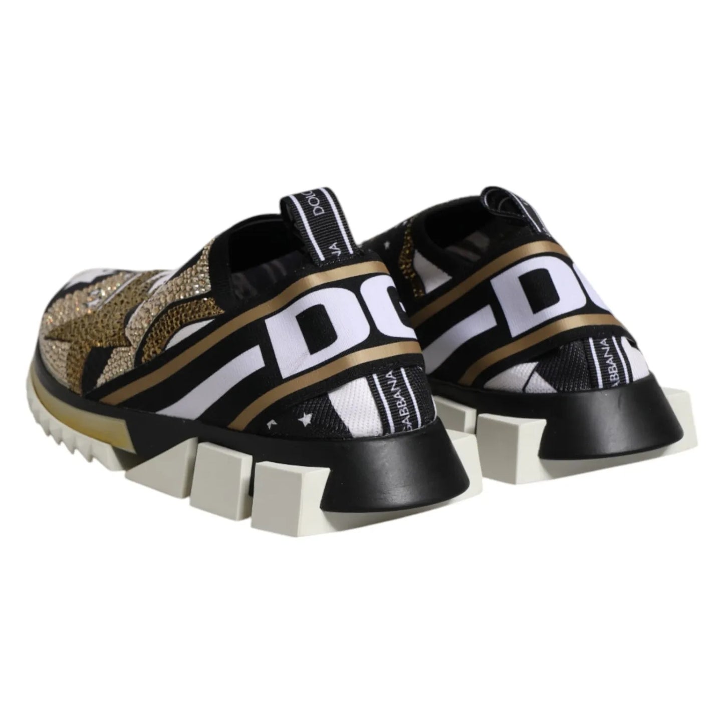 Dolce & Gabbana Multicolor Sorrento Low Top Sneakers Shoes with gold, black, white design, slip-on style, and logo details, back view
