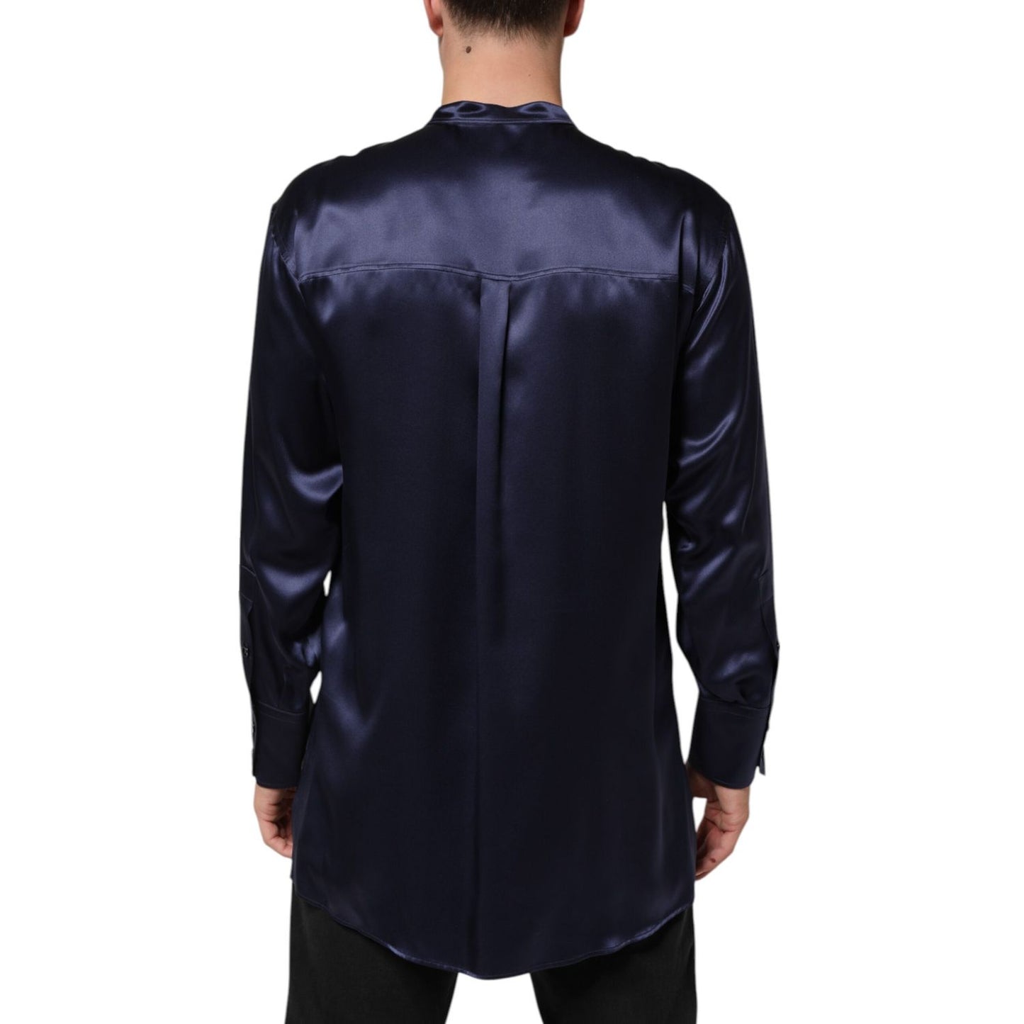Dolce & Gabbana Navy Silk Long Sleeve Mandarin Collar Shirt