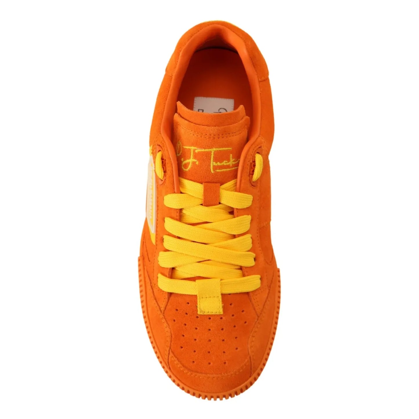 Dolce & Gabbana Orange Leather P.j. Tucker Men Sneakers Shoes, vibrant orange suede with yellow laces, sporty design with logo details.