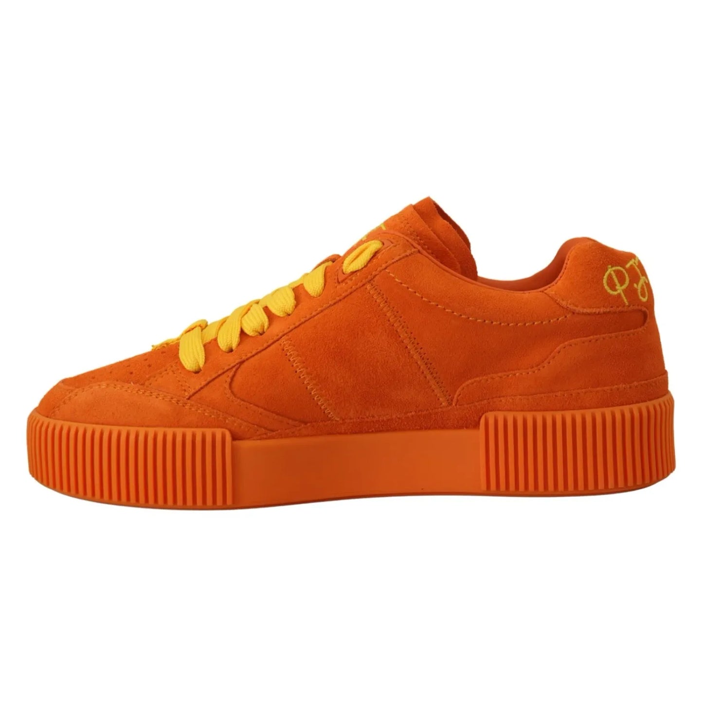 Dolce & Gabbana Orange Leather P.j. Tucker Men Sneakers Shoes with vibrant suede leather and rubber sole, side view.