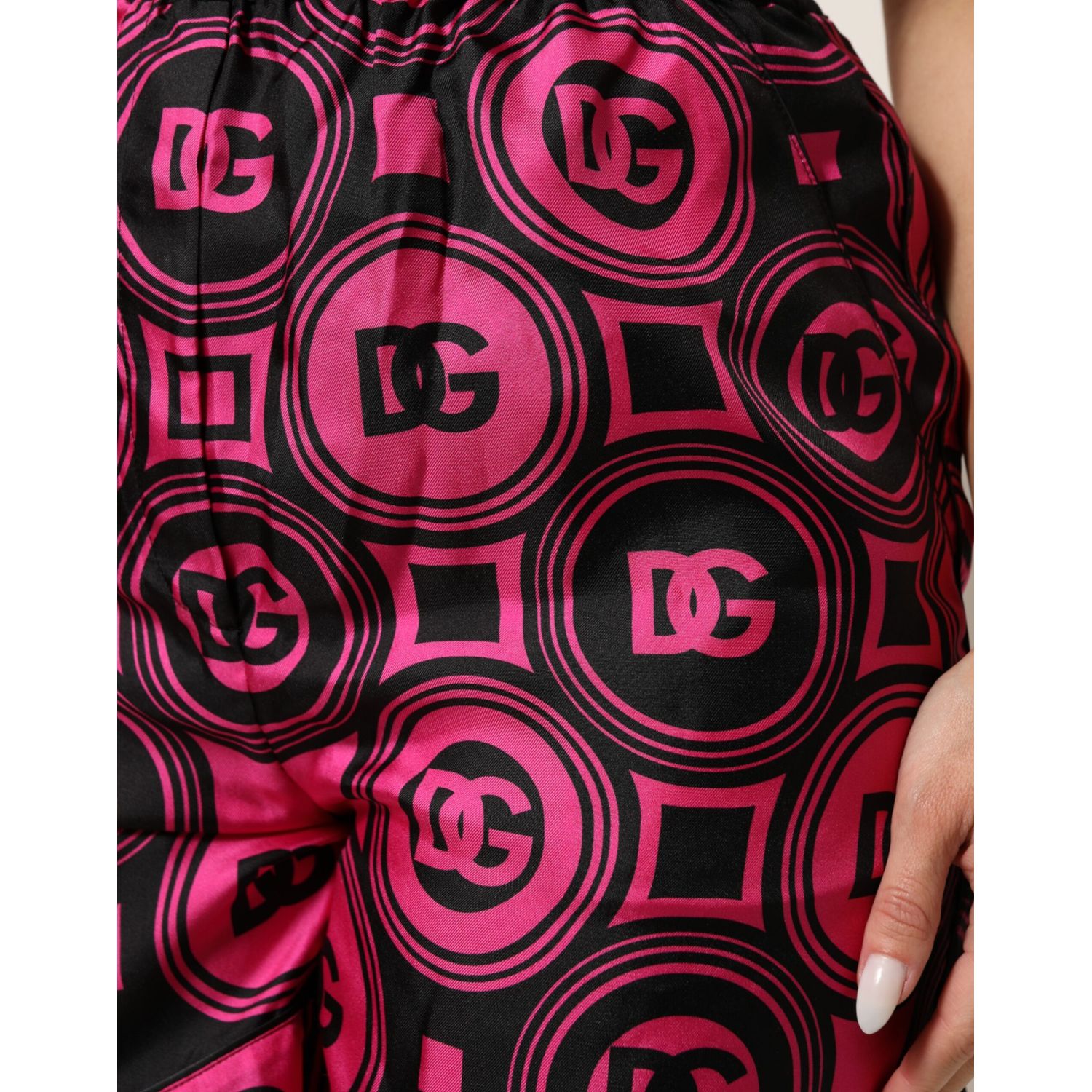Dolce & Gabbana Pink Black Silk Logo Print DG Pattern Shorts