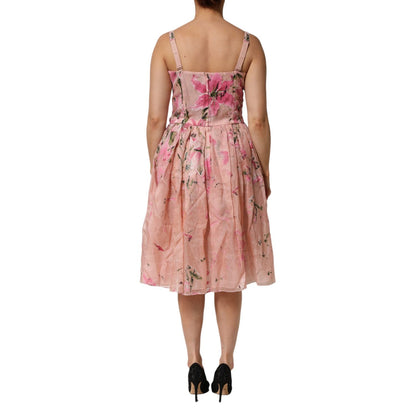 Dolce & Gabbana Pink Cotton Floral Pleated Sleeveless Dress