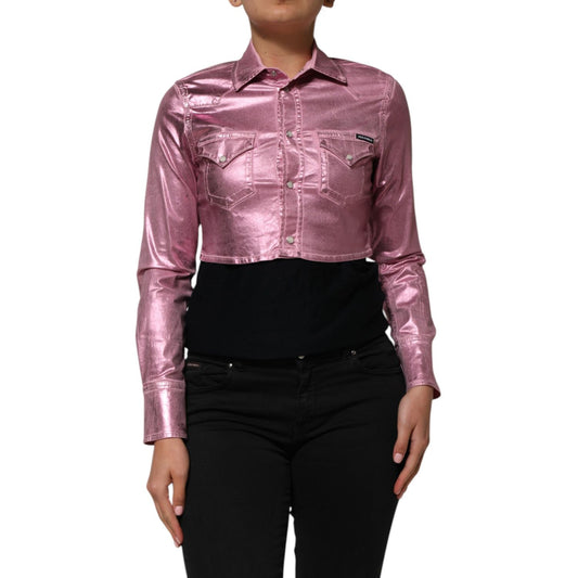 Dolce & Gabbana Pink Cotton Stretch Collared Cropped Jacket on model, stylish and versatile for modern fashion.