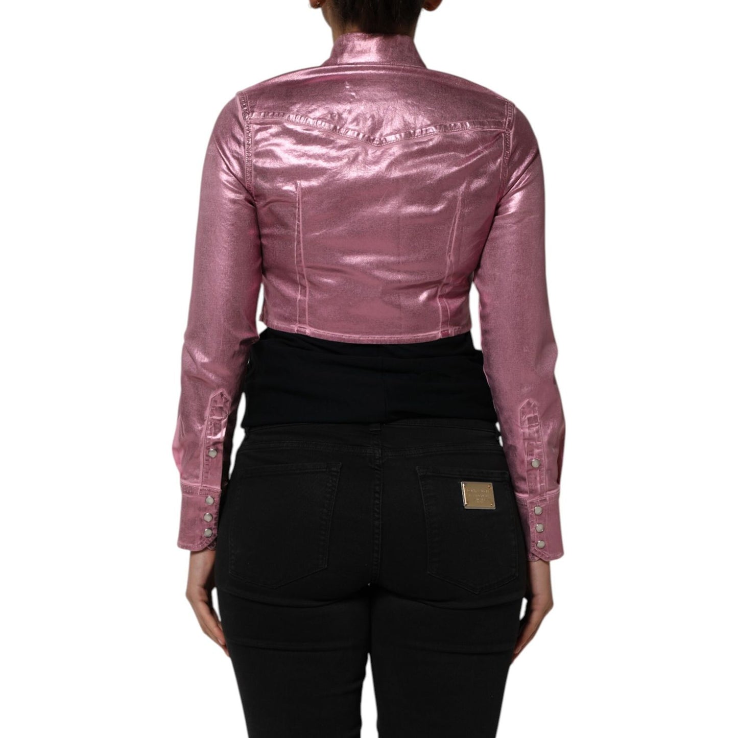 Back view of Dolce & Gabbana Pink Cotton Stretch Collared Cropped Jacket on model, highlighting structured collar and fitted cut.