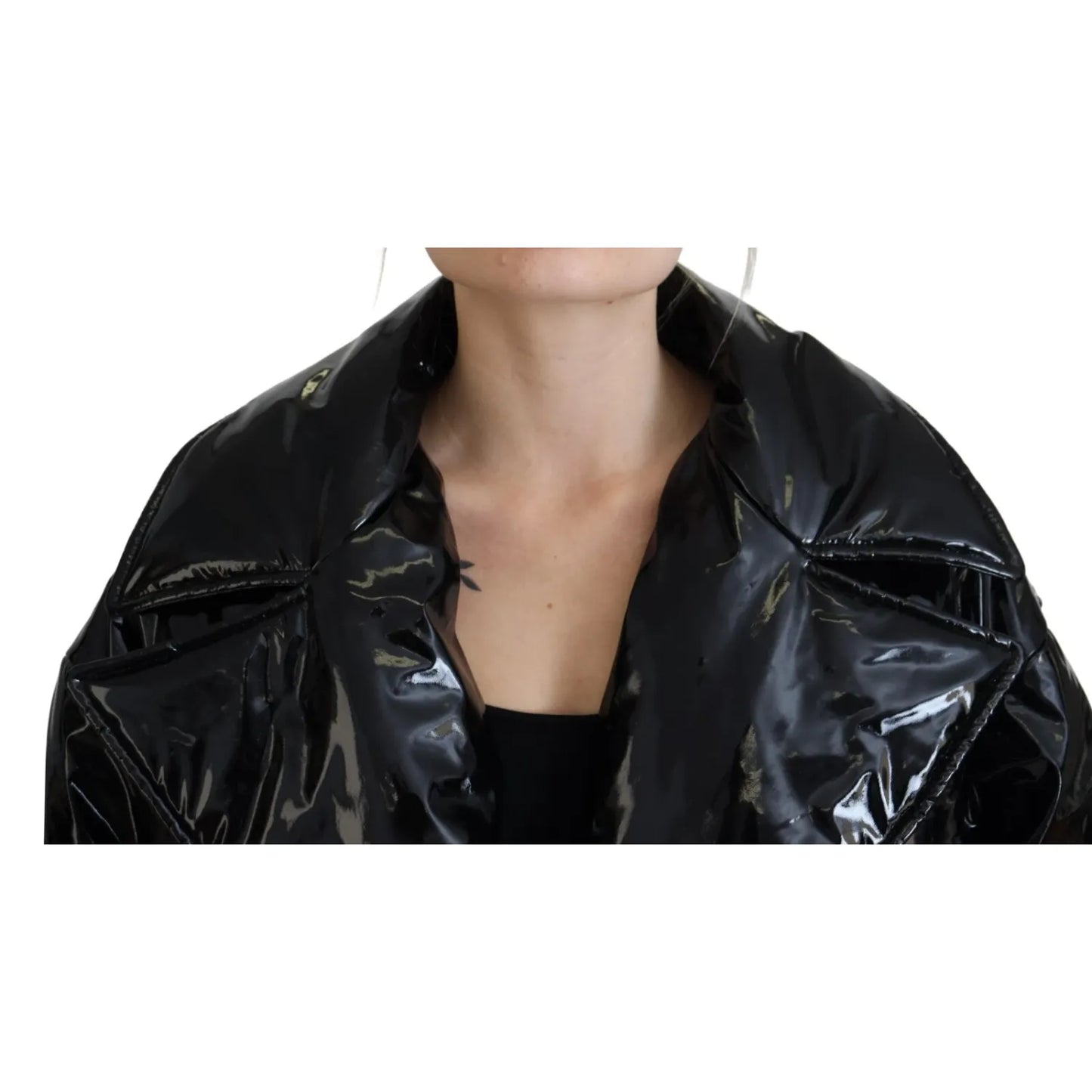 Close-up of Dolce & Gabbana Polyester Black Shiny Blazer Women Jacket showcasing high craftsmanship, featuring glossy finish and regular fitting.