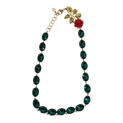 Dolce & Gabbana Red Rose Green Crystal Gold-Tone Chain Necklace