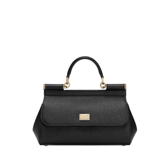 Dolce & Gabbana Sicily Medium Handbag in black leather with foldover top and adjustable shoulder strap, elegant and stylish.