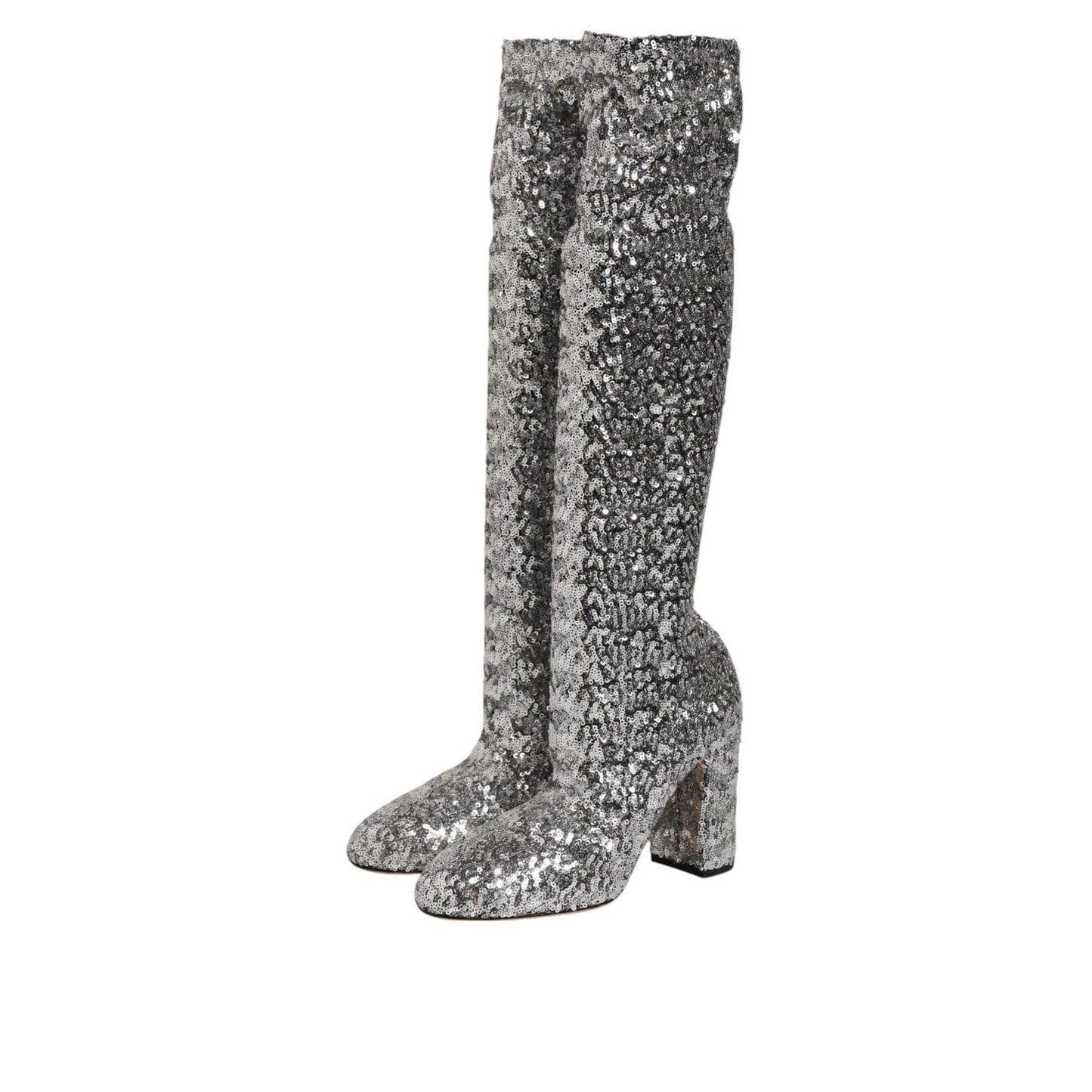 Dolce & Gabbana Silver Sequins Glitter High Heel Boot Shoes