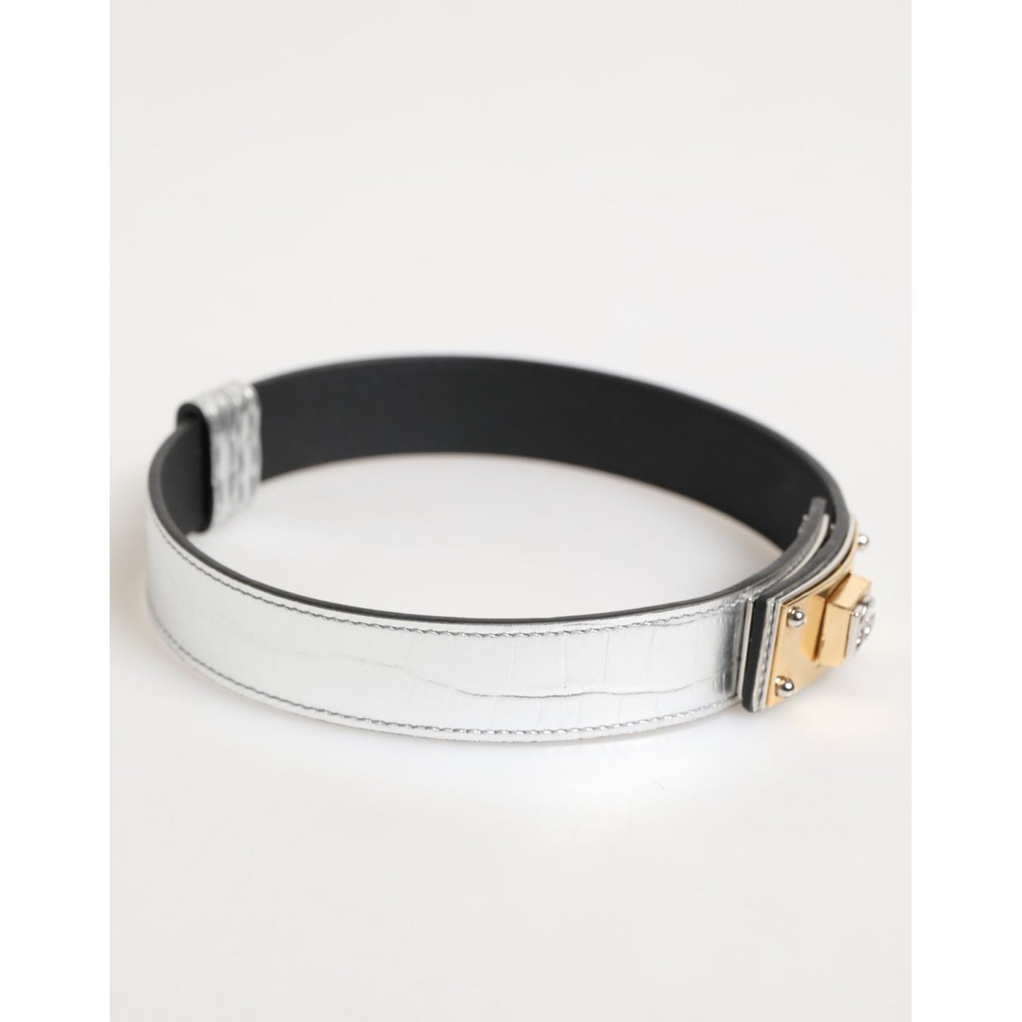 Dolce & Gabbana Silver Textured Leather Gold Tone Metal Neckband