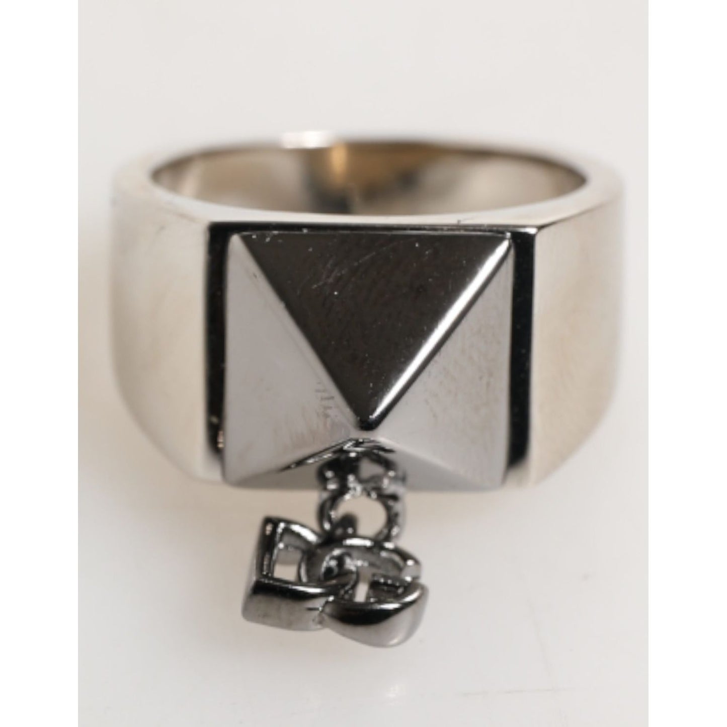 Dolce & Gabbana Silver Tone Pyramid DG Logo Real Brass Ring