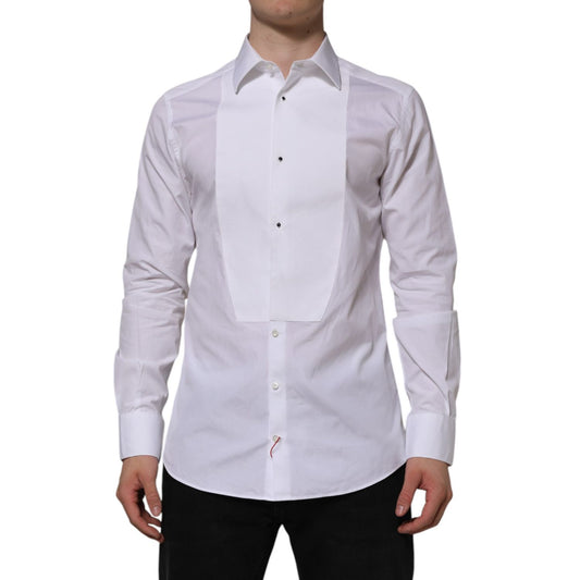 Dolce & Gabbana White Bib Cotton Popline GOLD Men Formal Shirt with slim fit and full button closure.