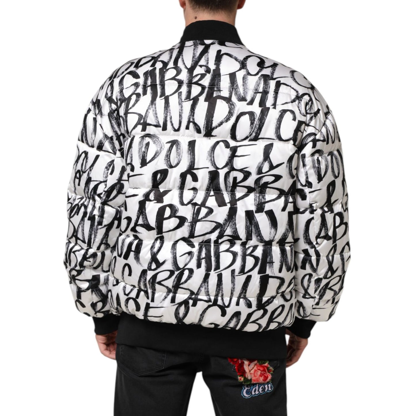 Dolce & Gabbana White Black Graffiti Logo Puffer Bomber Jacket