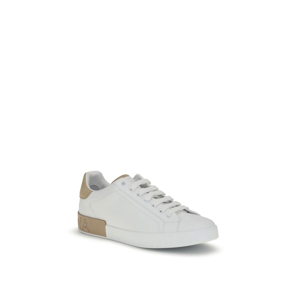 Dolce & Gabbana White Calf Leather Bos Taurus Low Top Sneakers with logo stripe and distinctive heel detail.