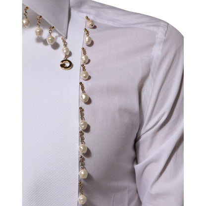 Dolce & Gabbana White Cotton DG Logo Pearl GOLD Formal Shirt
