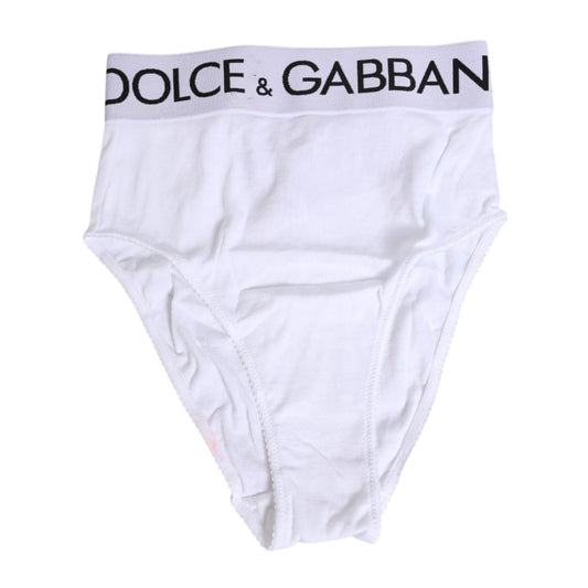 Dolce & Gabbana White Cotton Stretch High Waist Panty Underwear with logo, classic design, and minor defect.