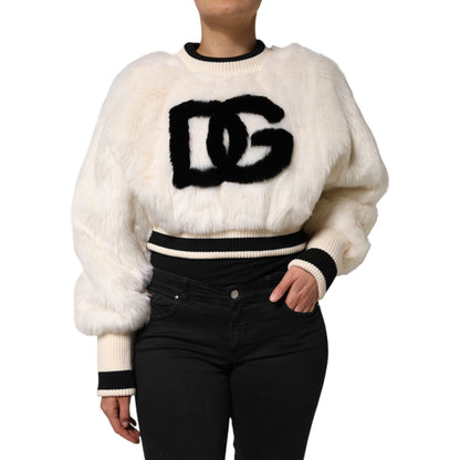 Dolce & Gabbana White Cropped Faux Fur DG Sweatshirt Sweater