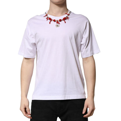 Dolce & Gabbana White Embellished Cotton Crew Neck T-shirt with logo, shown on a model, perfect for casual wear.