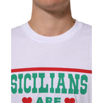 Dolce & Gabbana White Graphic Print Cotton CrewNeck T-shirt with 'Sicilians Are' text detail, front view close-up.