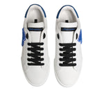 Dolce & Gabbana White Leather DG Logo Low Top Sneakers Shoes with blue details and black laces, top view.