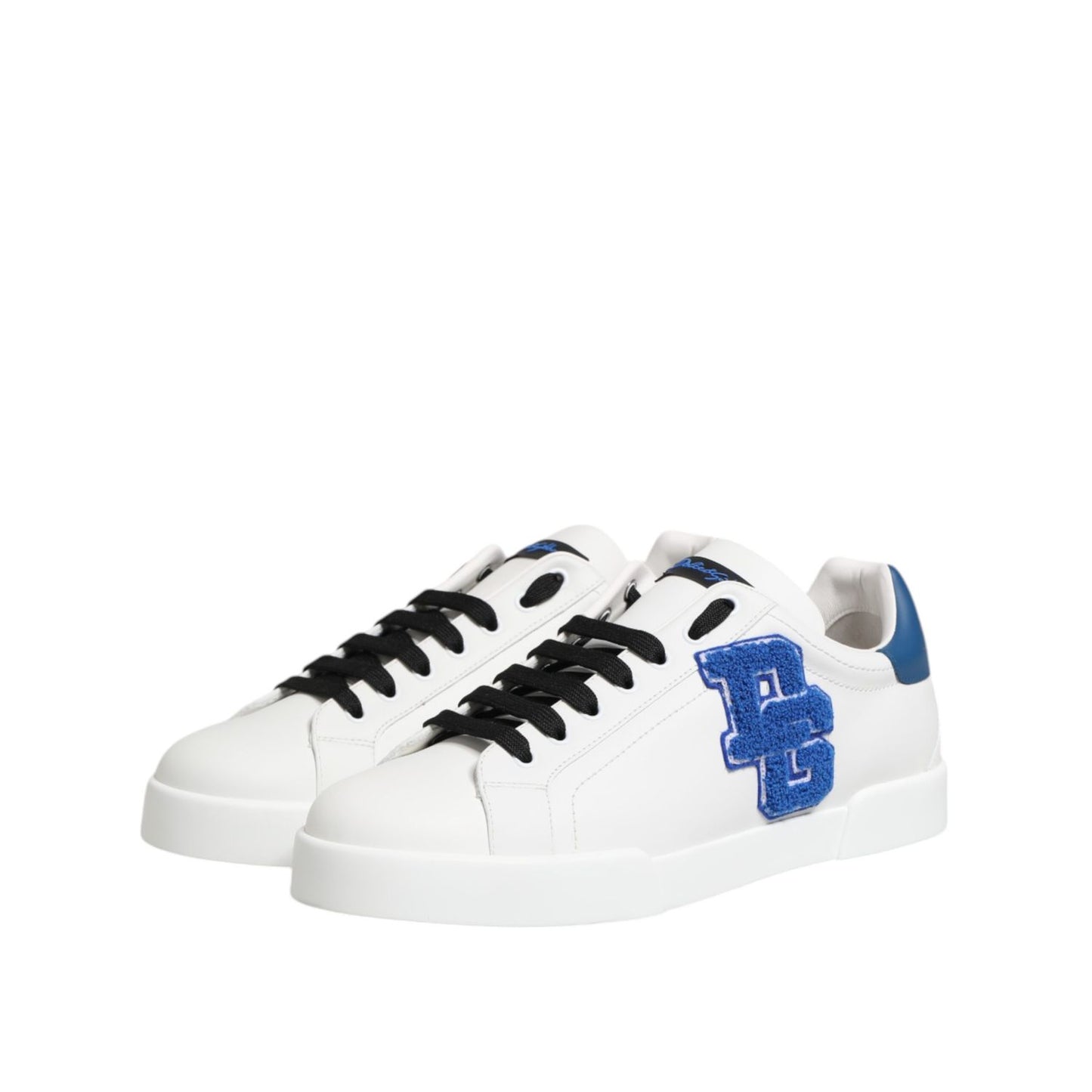 Dolce & Gabbana White Leather DG Logo Low Top Sneakers Shoes, featuring blue logo detail and black laces.