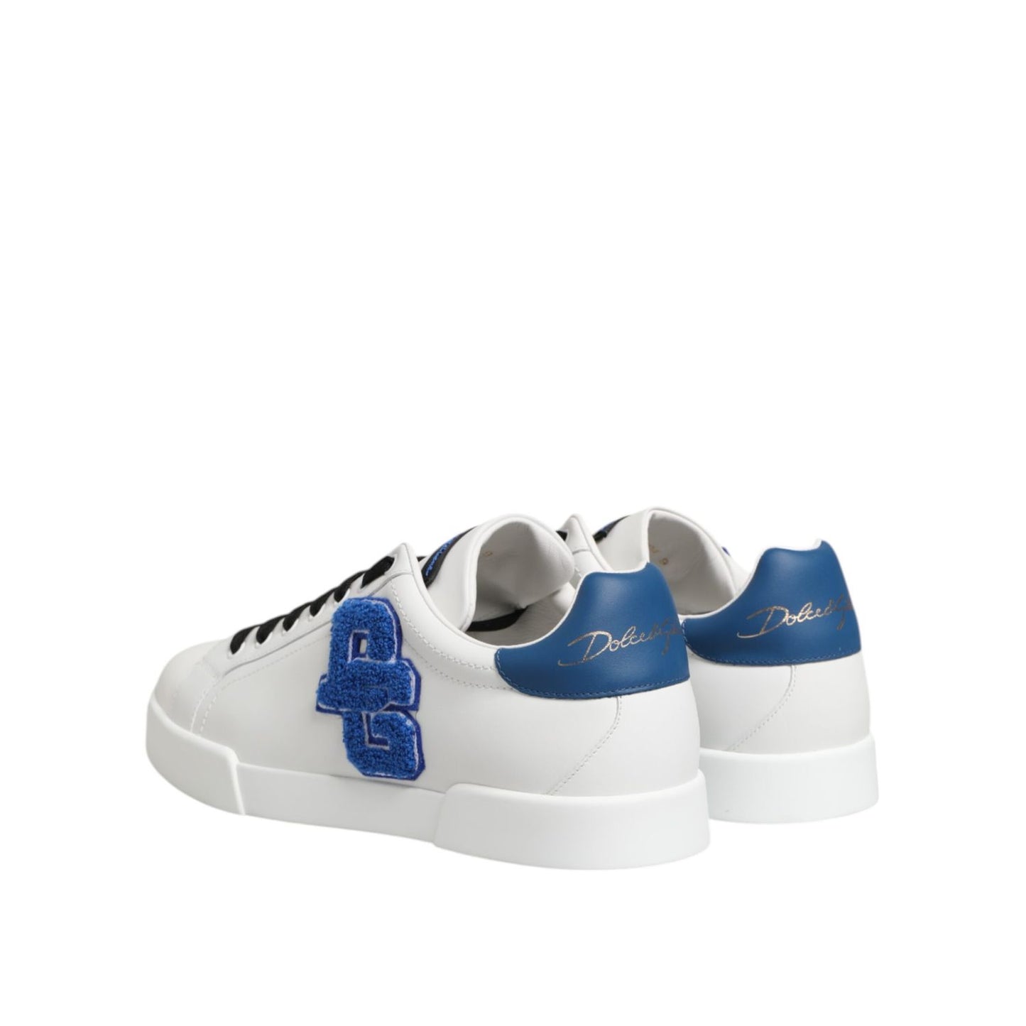 Dolce & Gabbana White Leather DG Logo Low Top Sneakers Shoes with blue detailing and iconic branding, crafted for comfort and style.