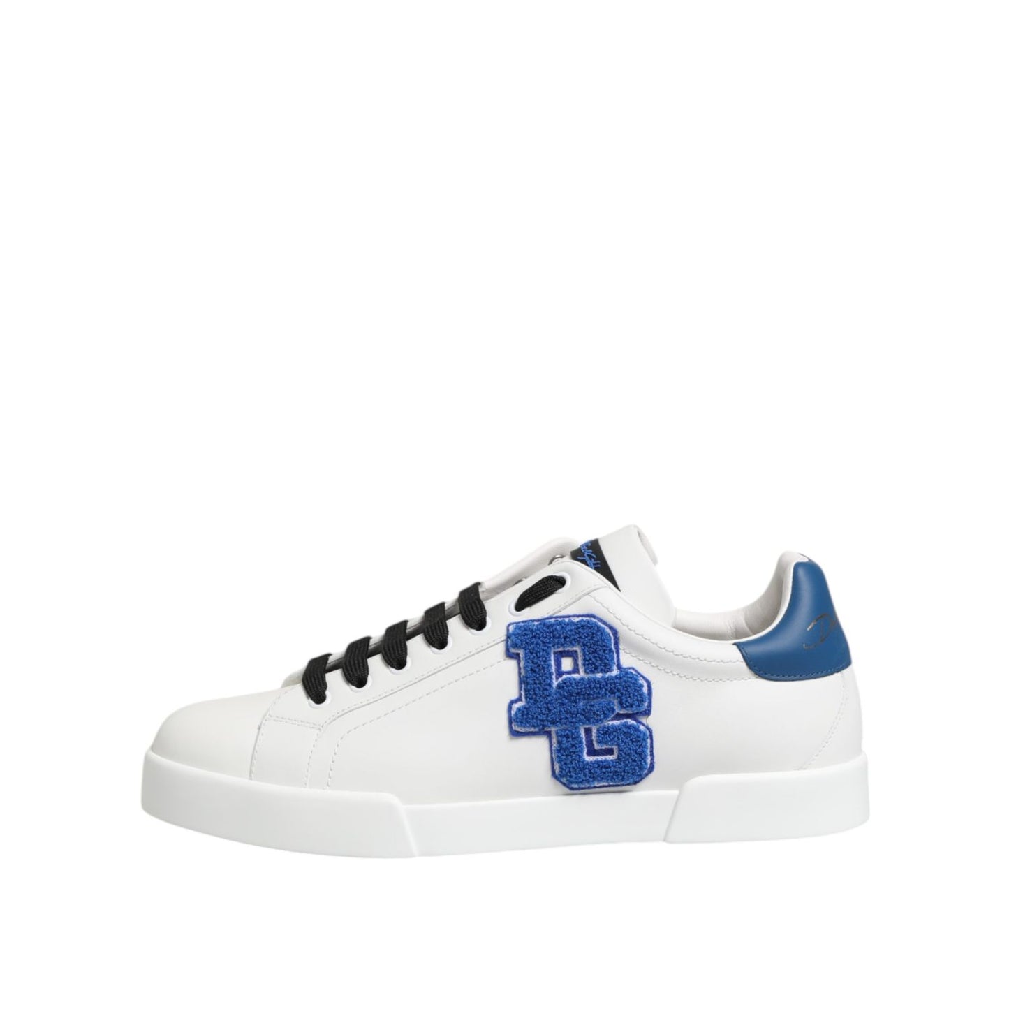 Dolce & Gabbana White Leather DG Logo Low Top Sneakers Shoes with blue accents and iconic DG logo on the side.