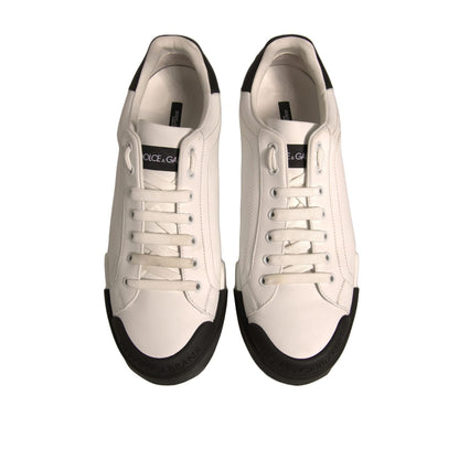 Dolce & Gabbana White Leather Logo Portofino Sneakers Shoes with lace-up closure and rubber sole made in Italy.
