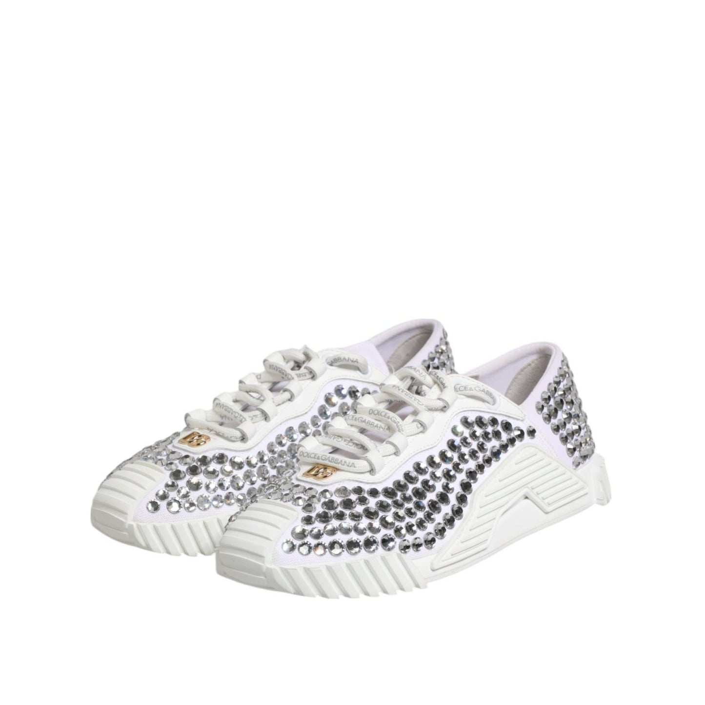 Dolce & Gabbana White NS1 Canvas Leather Embellished Sneakers Shoes with rhinestones and rubber sole, luxury fashion footwear.