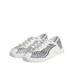Dolce & Gabbana White NS1 Canvas Leather Embellished Sneakers Shoes with rhinestones and rubber sole, luxury fashion footwear.