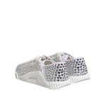 Dolce & Gabbana White NS1 Canvas Leather Embellished Sneakers Shoes with rhinestone details, rubber sole, and logo, back view.