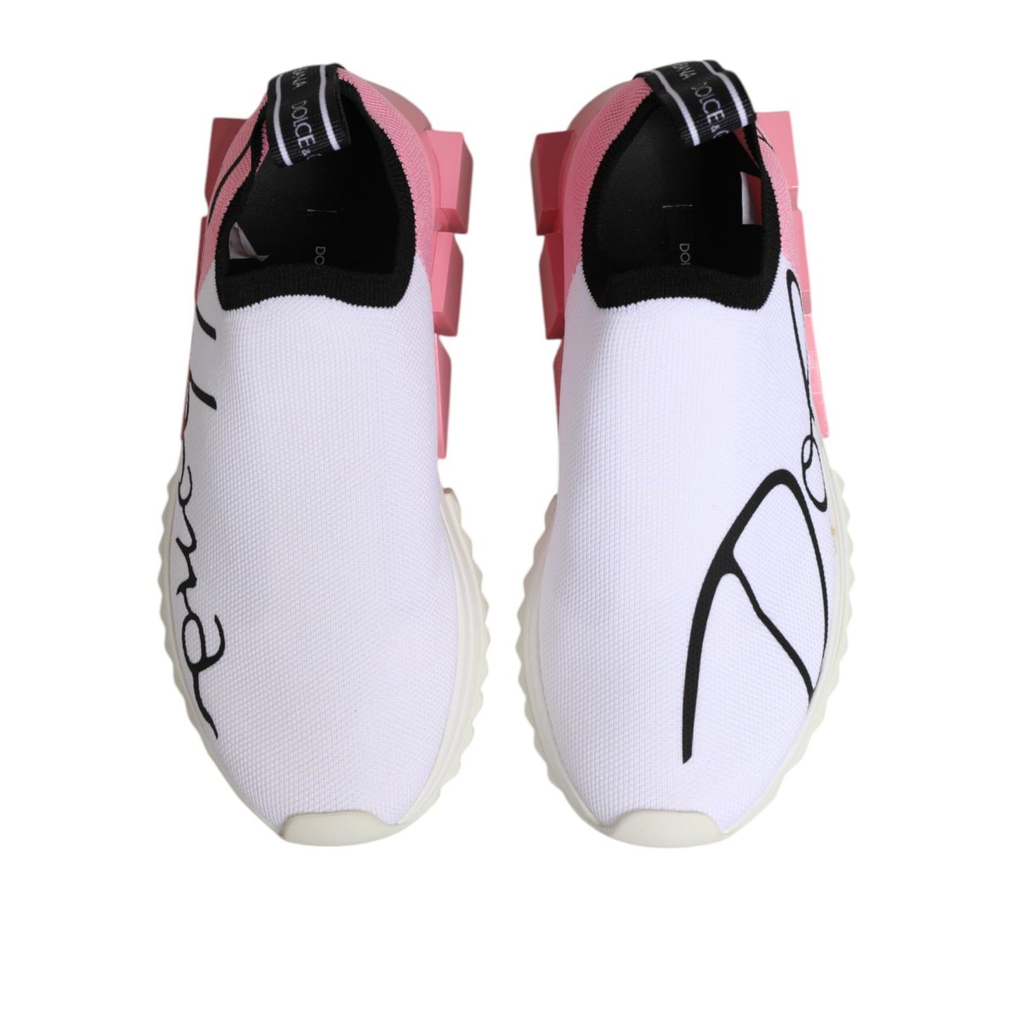 Dolce & Gabbana White Pink Low Top Sorrento Sneakers Shoes with stretch-knit upper and logo detailing, viewed from above.