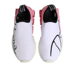 Dolce & Gabbana White Pink Low Top Sorrento Sneakers Shoes with stretch-knit upper and logo detailing, viewed from above.
