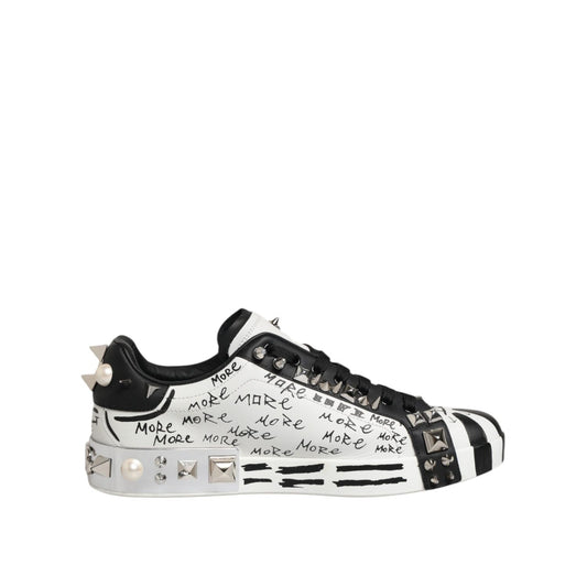 Dolce & Gabbana White Portofino Studded Men Sneakers Shoes with black and white graffiti design, featuring spikes and studs.