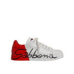 Dolce & Gabbana White Red Portofino Low Top Men Sneakers Shoes crafted from white leather with red accents.