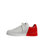 Dolce & Gabbana White Red Portofino Low Top Men Sneakers Shoes with white leather and red accents