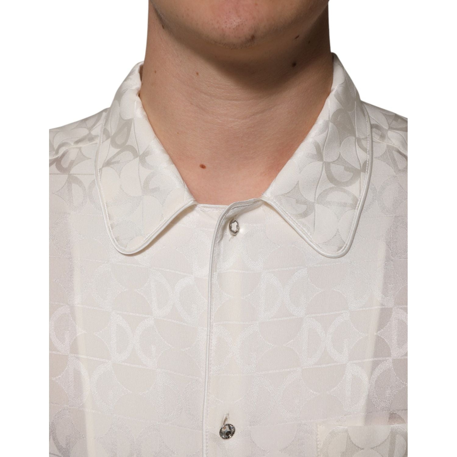 Dolce & Gabbana White Silk DG Logo Print Long Sleeves Shirt