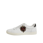 Dolce & Gabbana White Silver Sacred Heart Men Sneakers Shoes with leather upper and Sacred Heart motif.