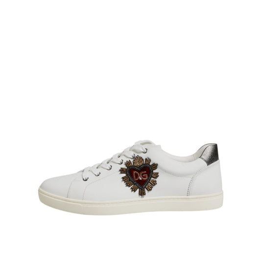 Dolce & Gabbana White Silver Sacred Heart Men Sneakers Shoes with leather upper and Sacred Heart motif.